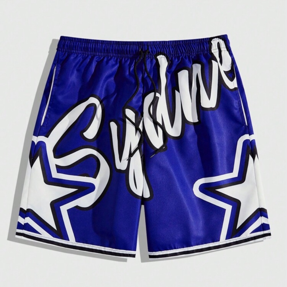 ROMWE Prep Men's Letter & Star Print Drawstring Waist Shorts, School
